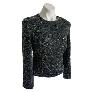VIE by Victoria Royal Silk Top Beaded Sequin Evening Party Green Black Size‎ 4
